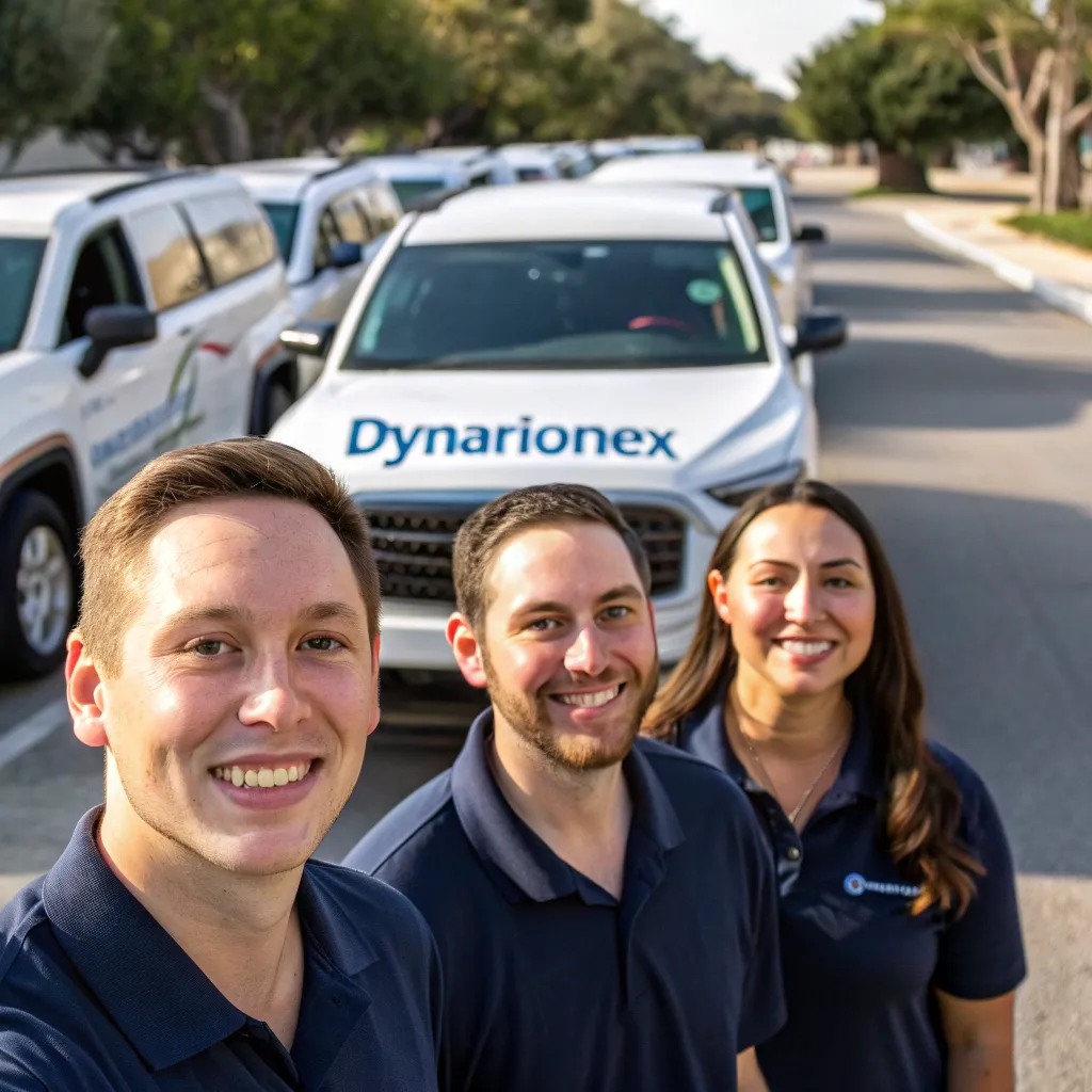 DYNARIONEX delivery team smiling in front of their delivery vehicles